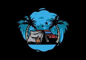 Camping tent in front of car between coconut tree illustration vector