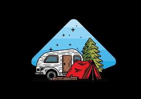 Teardrop camper and tent in front of pine tree illustration vector