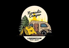 Teardrop camper and tent in front of pine tree illustration vector