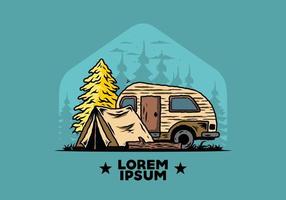 Teardrop camper and tent in front of pine tree illustration vector