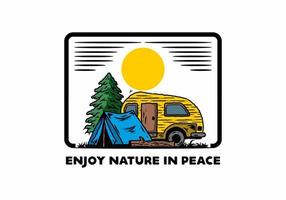 Teardrop camper and tent in front of pine tree illustration vector