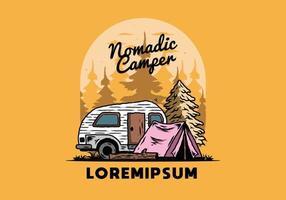 Teardrop camper and tent in front of pine tree illustration vector