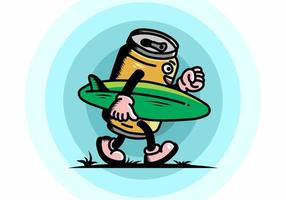 illustration of a drink can holding a surfboard vector