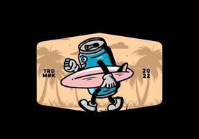 illustration of a drink can holding a surfboard vector