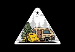 Teardrop camper and tent in front of pine tree illustration vector