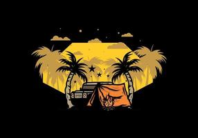 Camping tent in front of car between coconut tree illustration vector