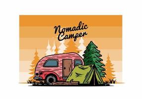 Teardrop camper and tent in front of pine tree illustration vector