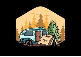 Teardrop camper and tent in front of pine tree illustration vector