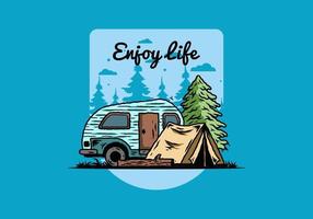 Teardrop camper and tent in front of pine tree illustration vector