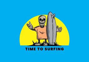 Little skull holding a surfing board illustration design vector