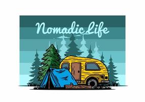 Teardrop camper and tent in front of pine tree illustration vector