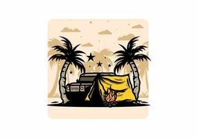 Camping tent in front of car between coconut tree illustration vector