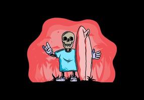 Little skull holding a surfing board illustration design vector