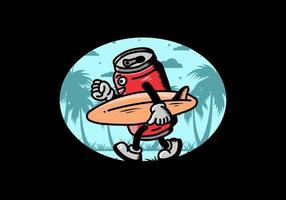 illustration of a drink can holding a surfboard vector