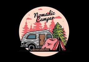 Teardrop camper and tent in front of pine tree illustration vector