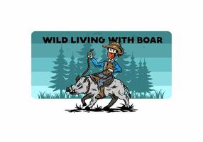 Man riding a wild boar illustration design vector