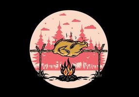 Grilling chicken over bonfire illustration design vector