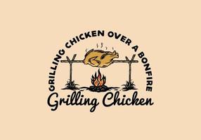 Grilling chicken over bonfire illustration design vector