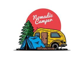 Teardrop camper and tent in front of pine tree illustration vector