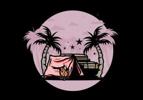 Camping tent in front of car between coconut tree illustration vector