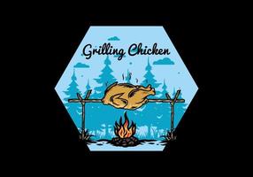 Grilling chicken over bonfire illustration design vector