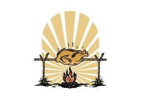 Grilling chicken over bonfire illustration design vector