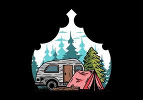 Teardrop camper and tent in front of pine tree illustration vector