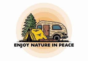 Teardrop camper and tent in front of pine tree illustration vector