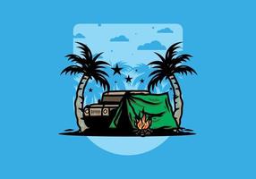 Camping tent in front of car between coconut tree illustration vector