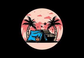 Camping tent in front of car between coconut tree illustration vector