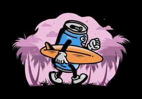 illustration of a drink can holding a surfboard vector