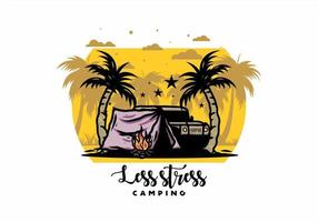 Camping tent in front of car between coconut tree illustration