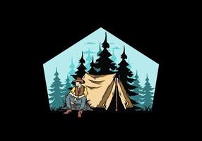 Man wearing a cowboy hat sitting in front of the tent illustration vector