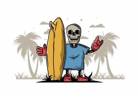 pequeña calavera sosteniendo un diseño de ilustración de tabla de surf vector