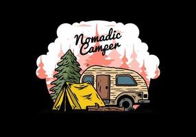 Teardrop camper and tent in front of pine tree illustration vector