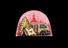 Teardrop camper and tent in front of pine tree illustration vector