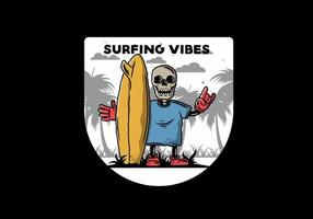 pequeña calavera sosteniendo un diseño de ilustración de tabla de surf vector