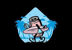 illustration of a drink can holding a surfboard vector