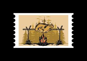 Grilling chicken over bonfire illustration design vector