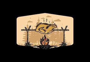 Grilling chicken over bonfire illustration design vector