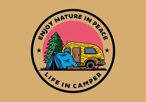 Teardrop camper and tent in front of pine tree illustration vector