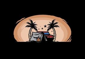 Camping tent in front of car between coconut tree illustration vector