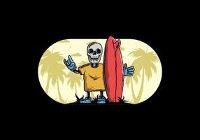 pequeña calavera sosteniendo un diseño de ilustración de tabla de surf vector