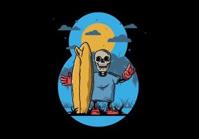 Little skull holding a surfing board illustration design vector