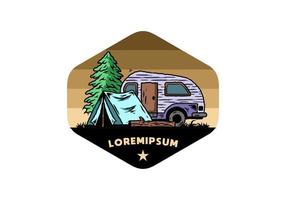 Teardrop camper and tent in front of pine tree illustration vector