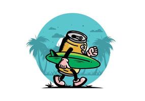 ilustración de una lata de bebida sosteniendo una tabla de surf vector