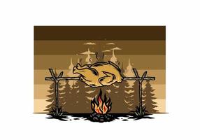 Grilling chicken over bonfire illustration design vector