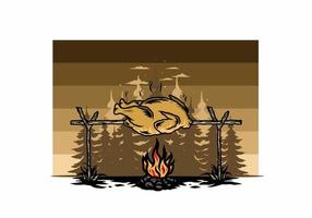 Grilling chicken over bonfire illustration design vector