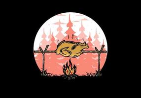 Grilling chicken over bonfire illustration design vector