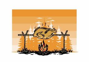 Grilling chicken over bonfire illustration design vector